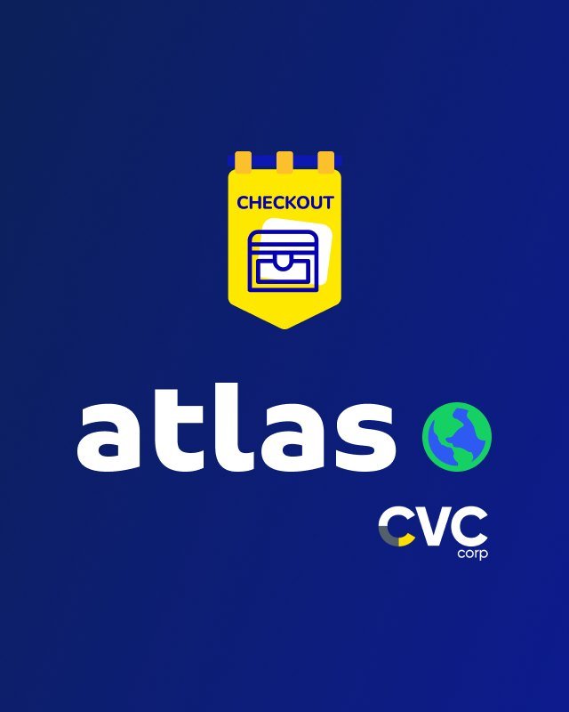 Marca atlas, do checkout da CVC, com selo amarelo e globo
