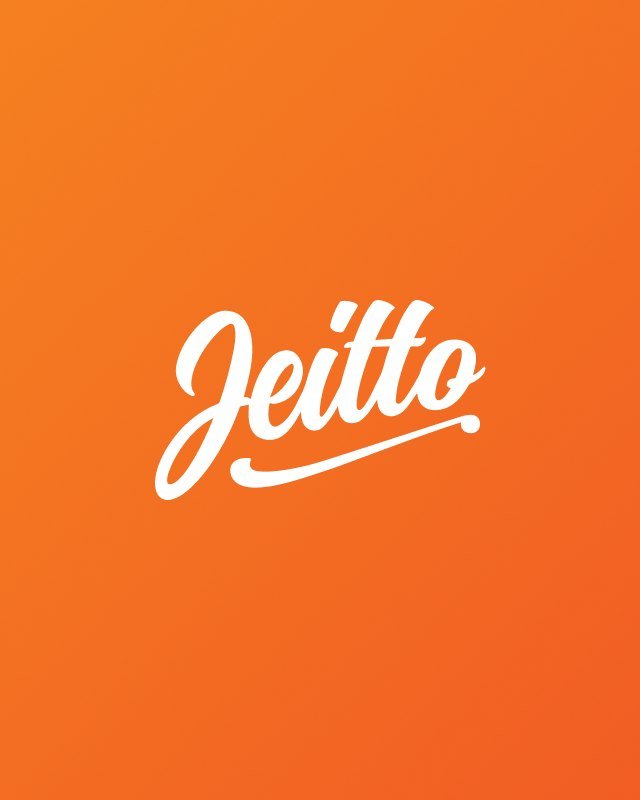 Logotipo manuscrito da Jeitto em branco sobre laranja
