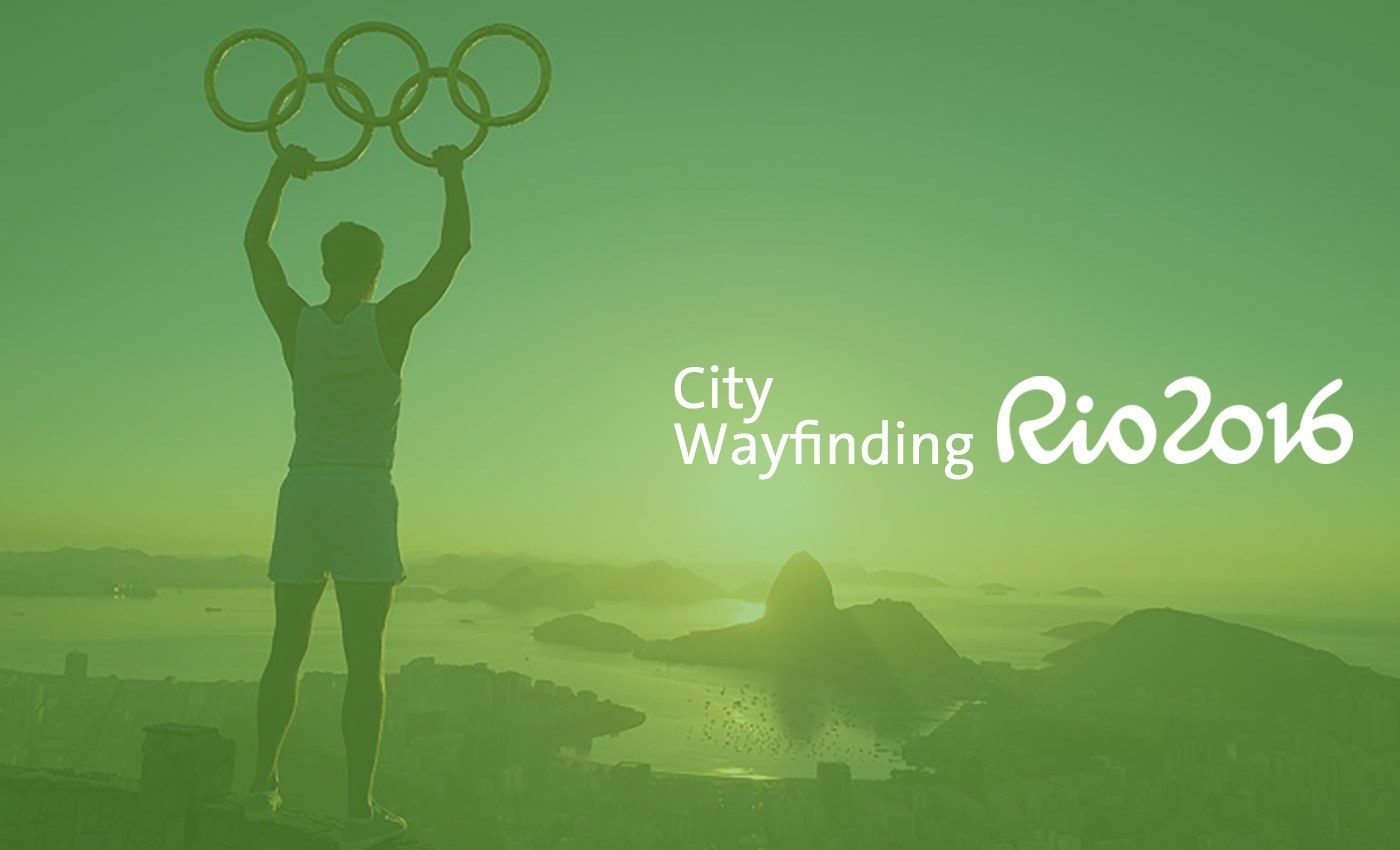 Capa do projeto de sinalização urbana Rio 2016 sobre paisagem verde do Pão de Açúcar